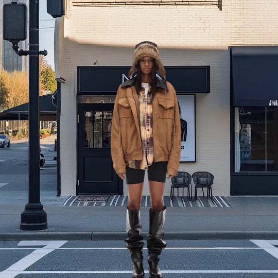 Damen Trendige Suede Jacke mit abnehmbarem Pelzkragen EB