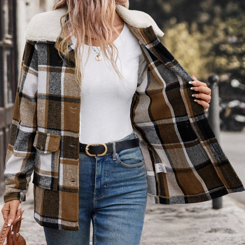 Damen Karierte Flanelljacke mit sanftem Kragen EB