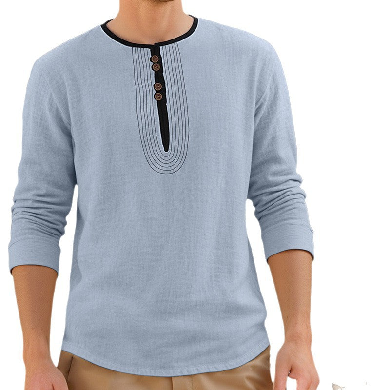 Herren nan lässiges Leinenmix-Langarmshirt mit dekorativer Knopfleiste und Ziersteppung EB