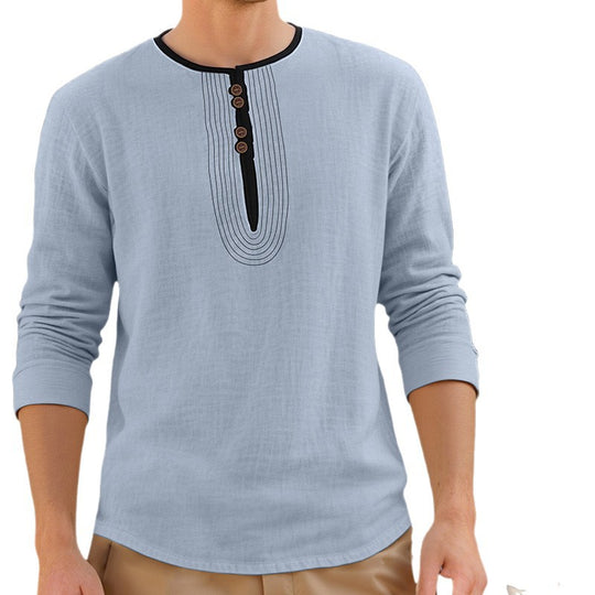Herren nan lässiges Leinenmix-Langarmshirt mit dekorativer Knopfleiste und Ziersteppung EB