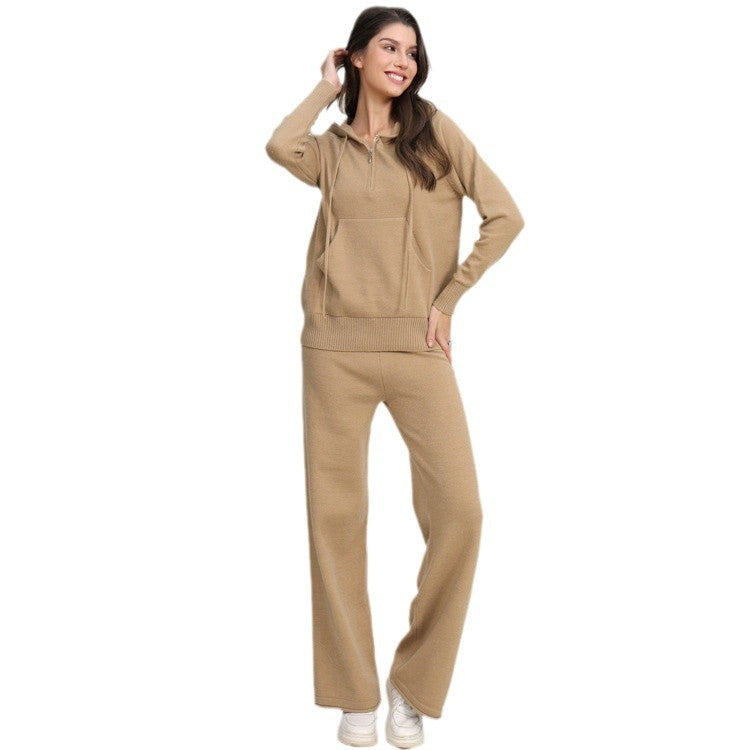 Damen lässiges Strick-Loungewear-Set mit Kapuze und weitem Bein EB