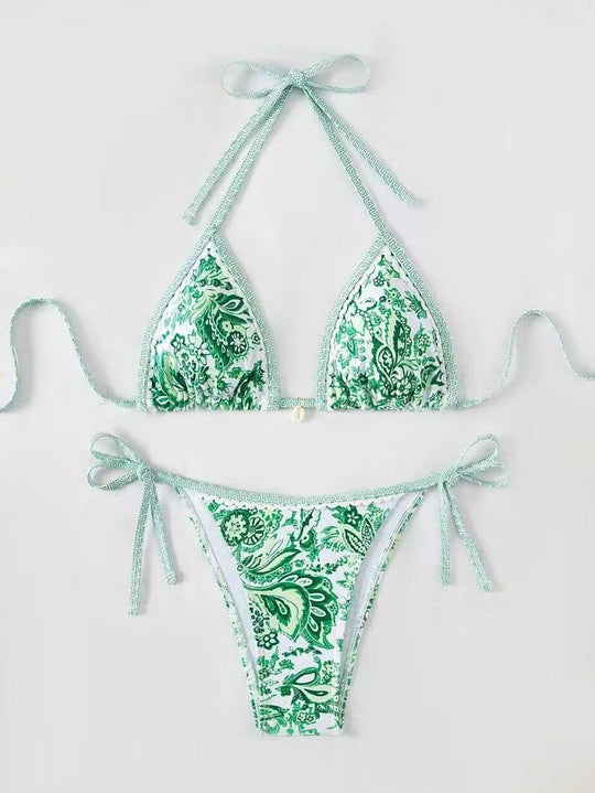 Damen Triangel-Bikini mit floralem Muster und verstellbaren Bindebändern EB