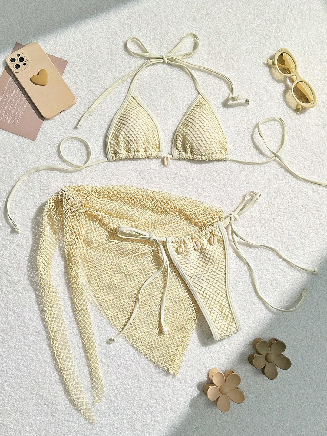 Damen Triangel-Bikini mit transparentem Netzgewebe und Schnürdetails EB
