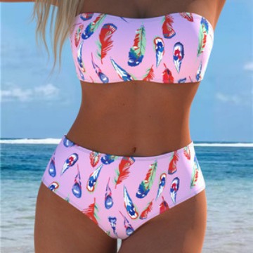 Damen Bandeau-Bikini mit einzigartigem Federmuster und hohem Taillenschnitt EB