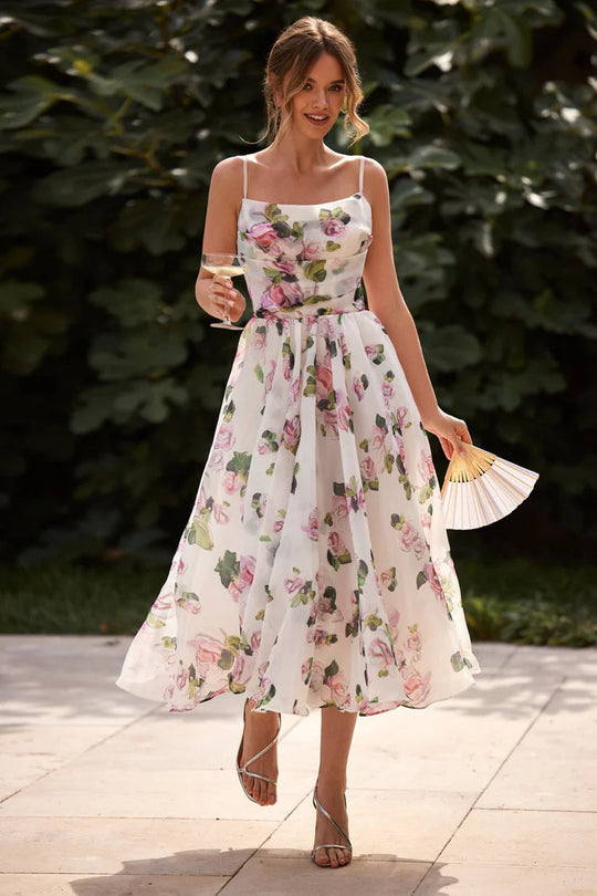 Damen Midi-Kleid mit elegantem Chiffon und floralen Applikationen EB