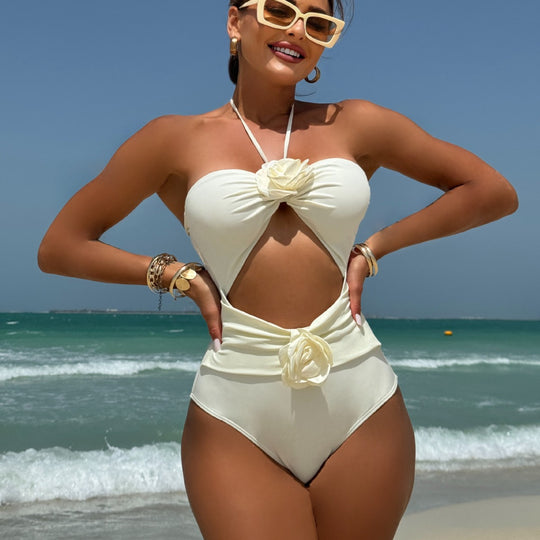 Damen Einteiliger Badeanzug mit raffinierten Cut-Outs und Blumenapplikationen EB