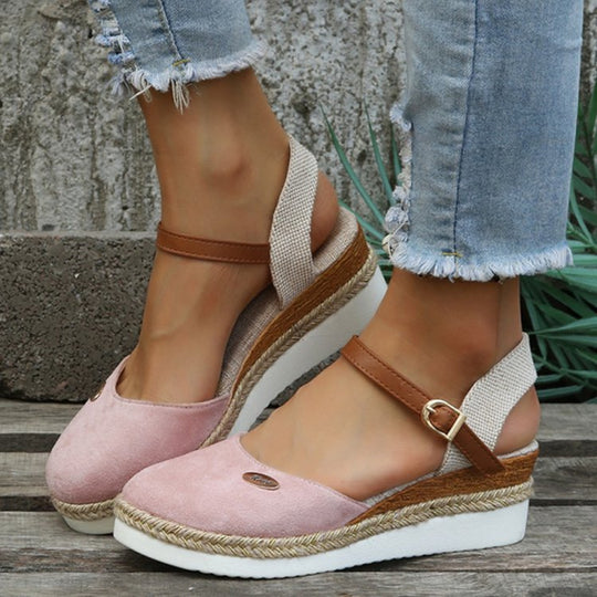 Damen Wedgesandalen mit elastischem Riemen und Jute-Applikation EB