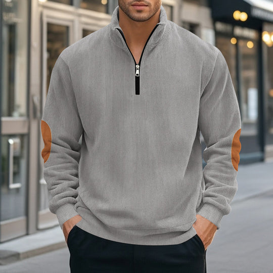 Herren nan Troyer-Halbfleecepullover mit Rippstruktur, elastischen Bündchen und Kontrast-Ellenbogenpatches EB