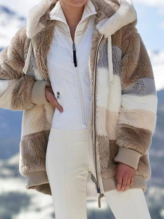 Damen nan oversized gefütterte Kunstfelljacke mit Kapuze, Blockstreifen und gerippten Bündchen EB