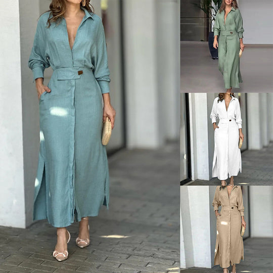 Damen Maxikleid aus leichtem Leinen mit eleganter Knopfleiste und praktischen Seitenschlitzen EB