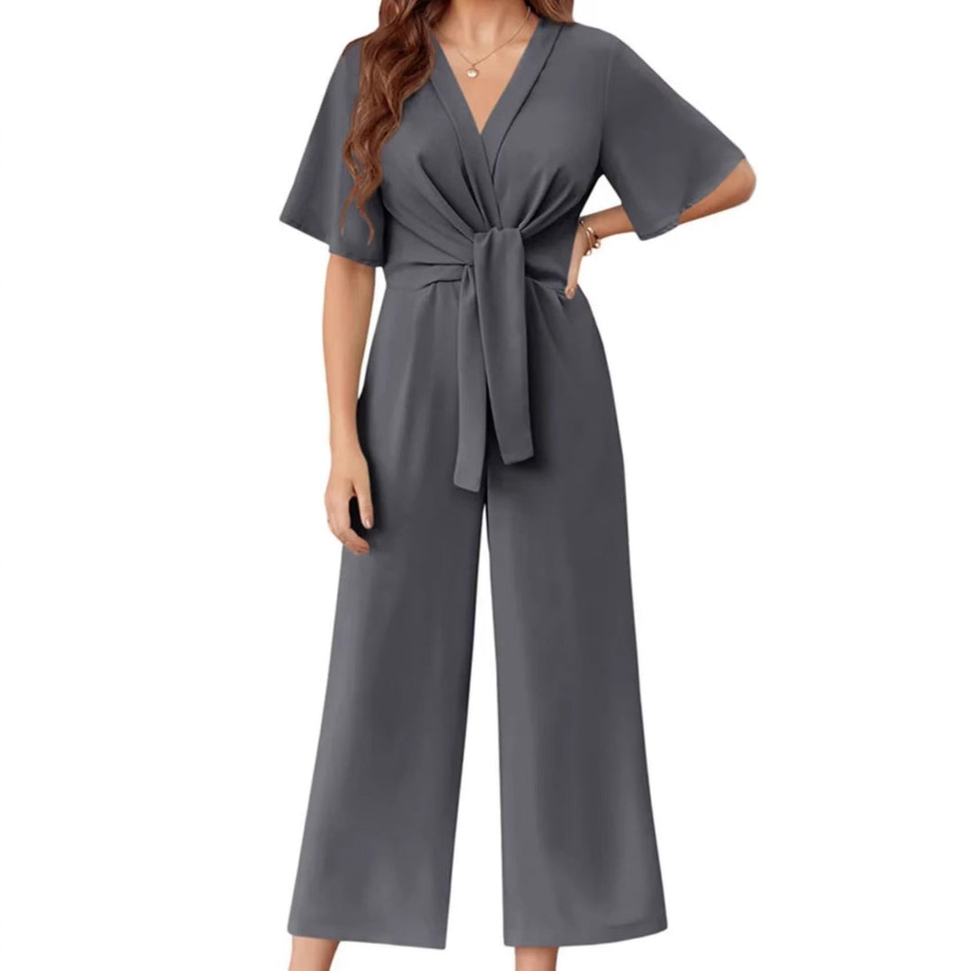 Damen eleganter Wickel-Jumpsuit mit weiten Beinen und Taillengürtel EB