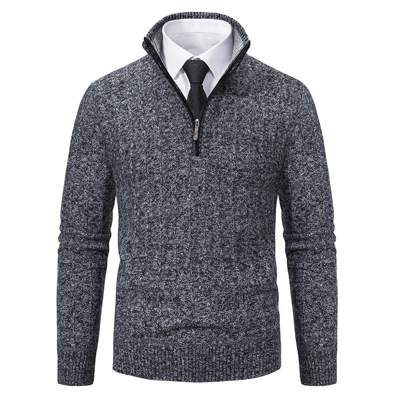 Herren nan Halbzip-Strickpullover mit strukturierter Zopfoptik, wärmendem Stehkragen und schmaler Silhouette EB