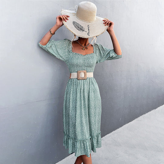 Damen Kleid mit elastischem Taillengürtel und Rüschendetails EB