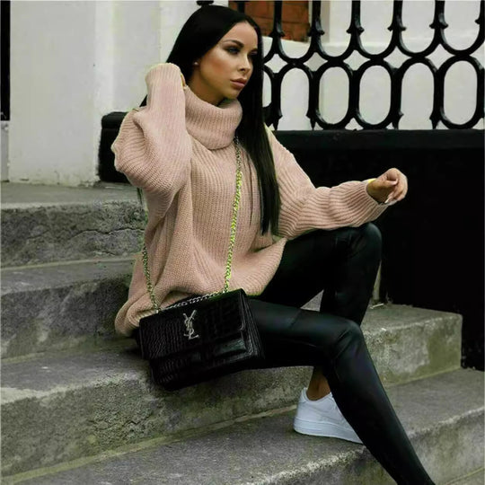 Damen Oversized Strickpullover mit hohem Kragen und modernem Schnitt EB