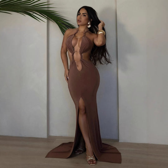 Damen aufregendes Maxikleid mit tiefem V-Ausschnitt und eleganten Raffungselementen EB