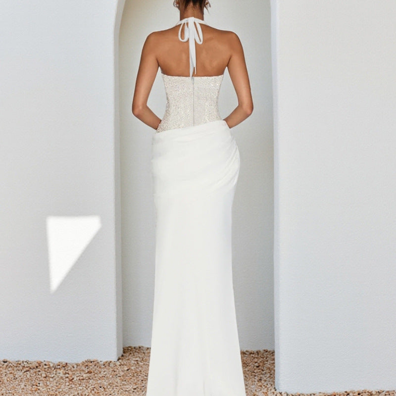 Damen glamouröses Abendkleid mit tiefem V-Ausschnitt und Rüschendetails EB
