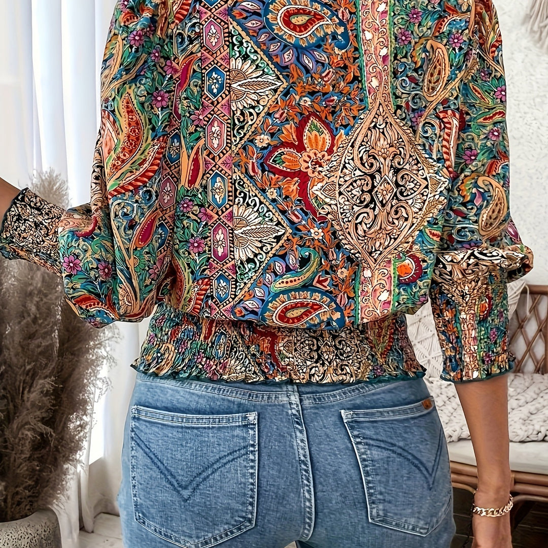 Damen Volantbluse mit buntem Boho-Design und elastischem Bund EB