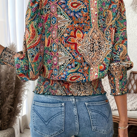 Damen Volantbluse mit buntem Boho-Design und elastischem Bund EB