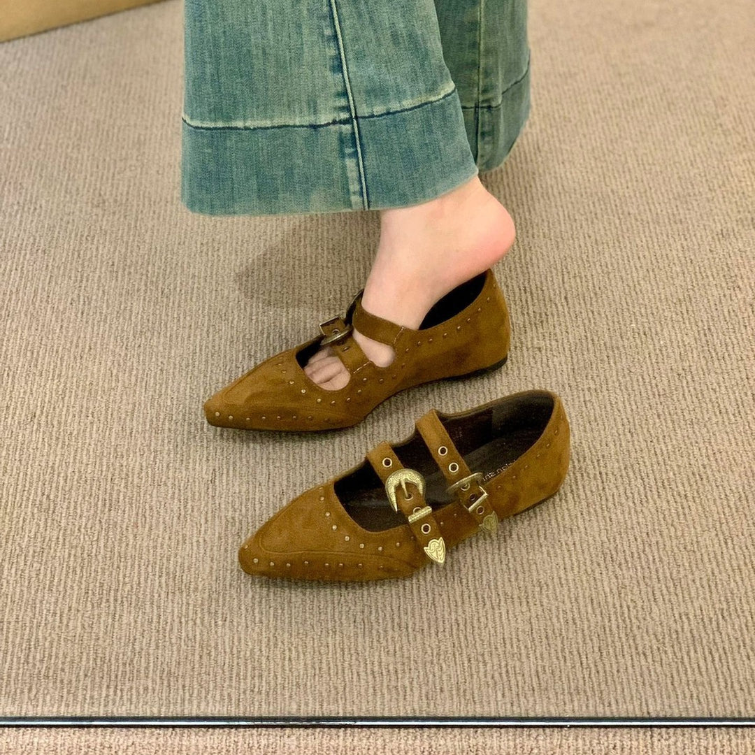 Damen Elegante und stilvolle Ballerinas mit modischen Schnallen und Nieten EB
