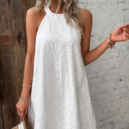 Damen luftiges Sommerkleid mit hohem Hals und femininen Details EB