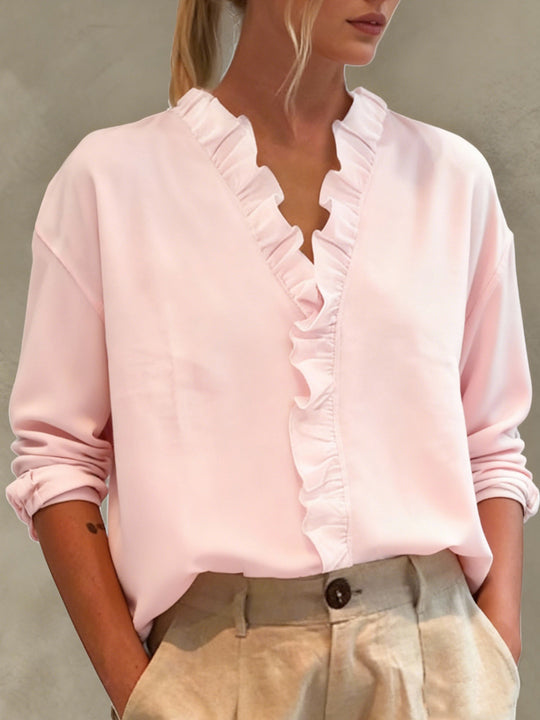 Damen Elegante V-Ausschnitt Bluse mit Volantbesatz und lockerem Oversize-Schnitt EB