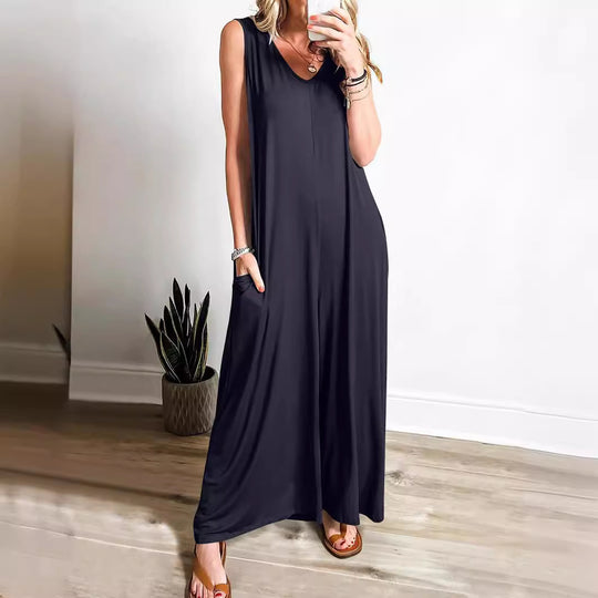 Damen ärmelloses Maxikleid mit seitlichen Taschen und fließender Silhouette EB
