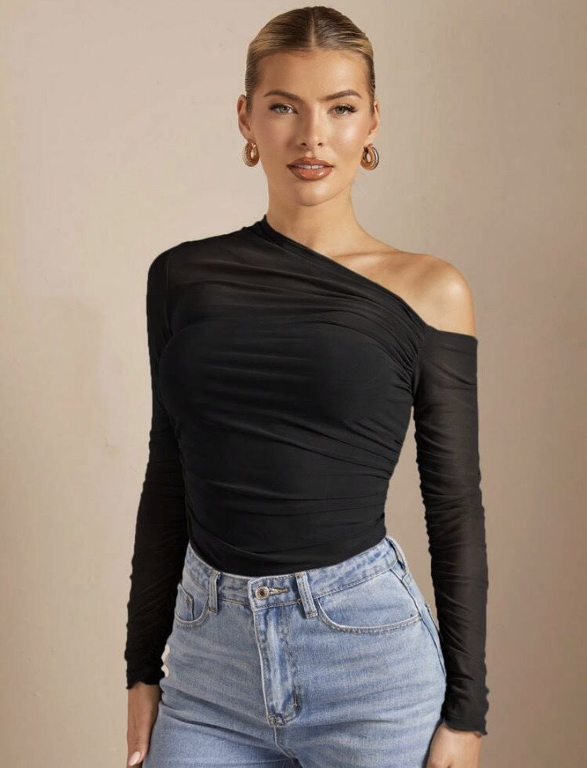 Damen Asymmetrischer Body mit Raffungen und langen Ärmeln EB