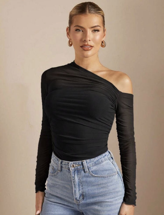 Damen Asymmetrischer Body mit Raffungen und langen Ärmeln EB