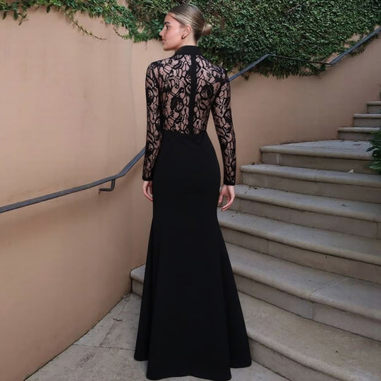 Damen Elegantes Maxikleid mit transparentem Spitzenoberteil und figurbetontem Schnitt EB