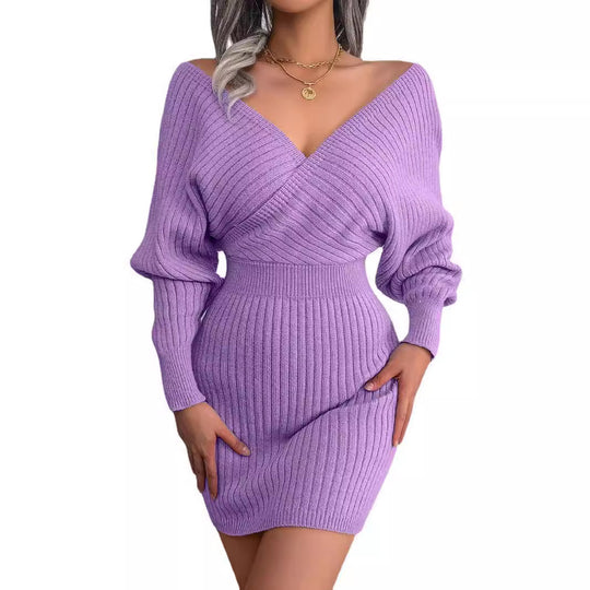 Damen gestricktes Minikleid mit V-Ausschnitt EB