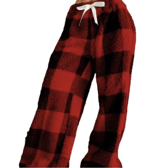 Damen nan kuschelige karierte Fleece-Hose mit Tunnelzugbund und weitem Bein EB