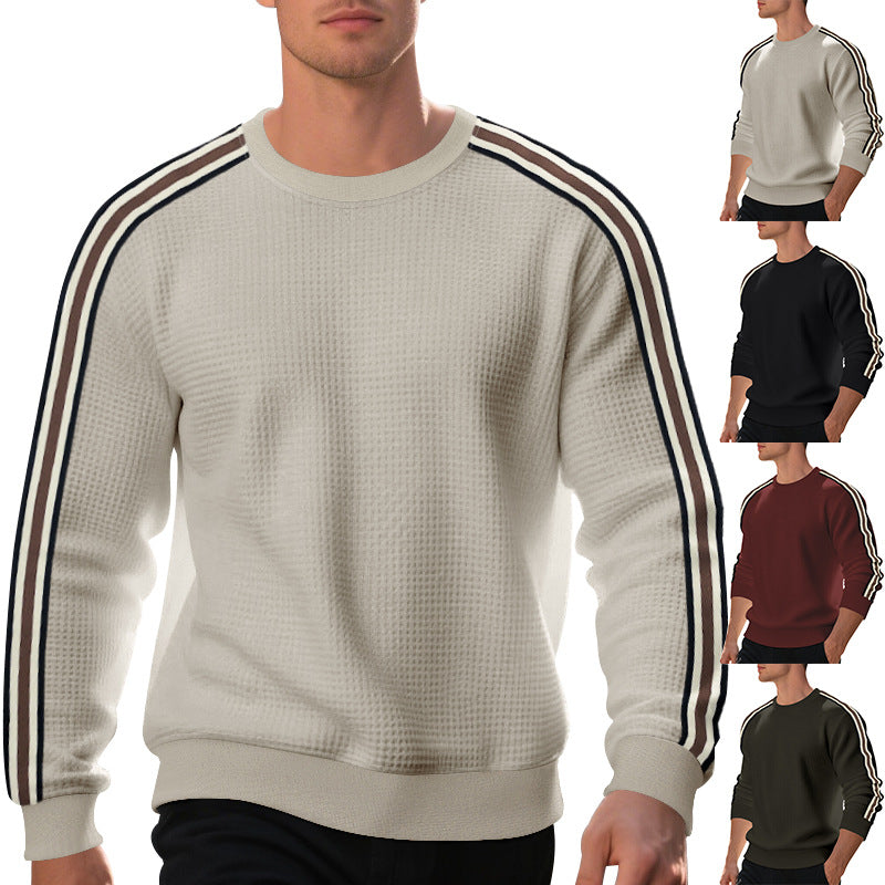 Herren Waffelstrick-Pullover mit kontrastierenden Ärmelstreifen und Rundhalsausschnitt EB