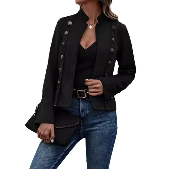Damen modische Suedejacke mit steigendem Kragen und Knöpfen EB