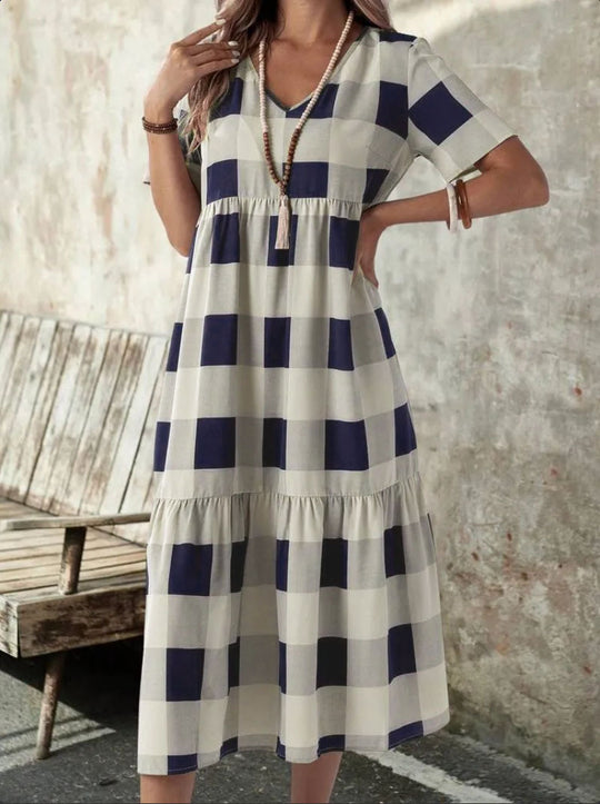 Damen Langarmkleid mit modischem Karomuster und fließendem Schnitt EB