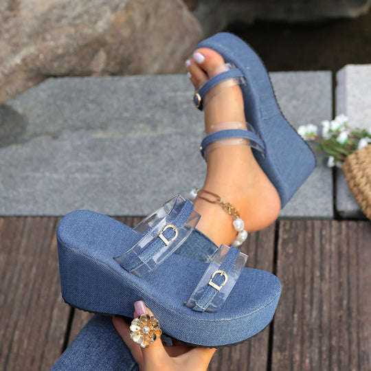 Damen Wedge-Pantoletten mit transparenten Riemchen und modischem Denim-Obermaterial EB