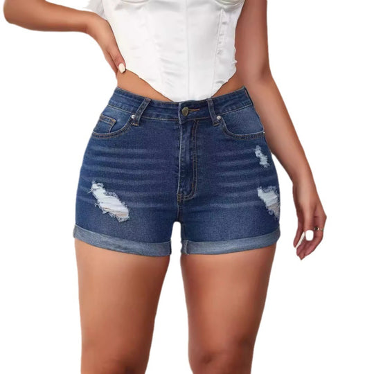 Damen Denim Shorts im angesagten Distressed Look mit hohem Bund und umschlagenem Saum EB