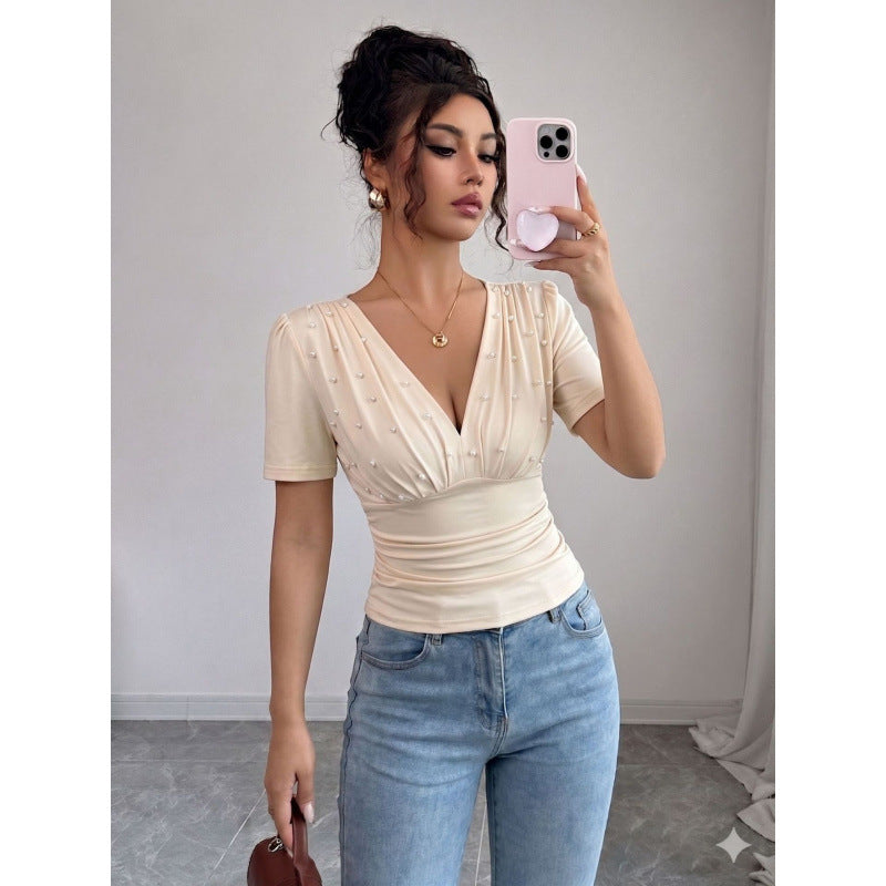 Damen elegante Bluse mit Perlen-Detail EB