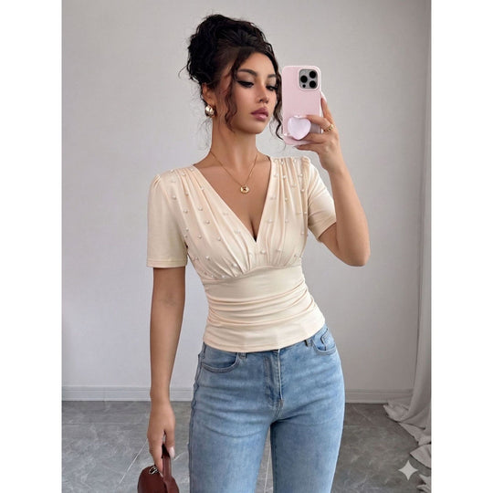 Damen elegante Bluse mit Perlen-Detail EB