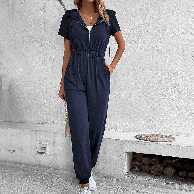 Damen moderner Kurzarm-Jumpsuit mit praktischen Taschen und Kapuze EB
