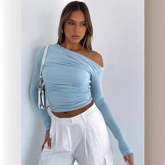 Damen Stylisches Oversized Shirt mit versetztem Kragen und Raffung EB