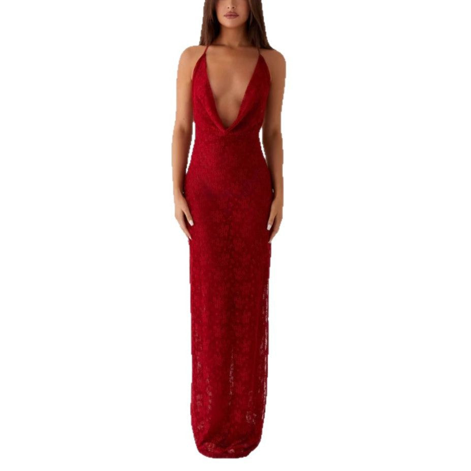 Damen Elegantes Abendkleid aus feiner Spitze mit tiefem V-Ausschnitt EB