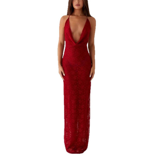 Damen Elegantes Abendkleid aus feiner Spitze mit tiefem V-Ausschnitt EB