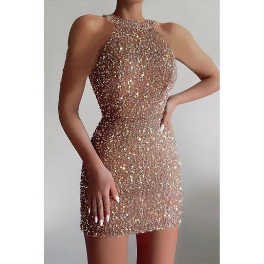 Damen Glitzerndes Minikleid mit halber Halsausschnitt und figurbetontem Schnitt EB