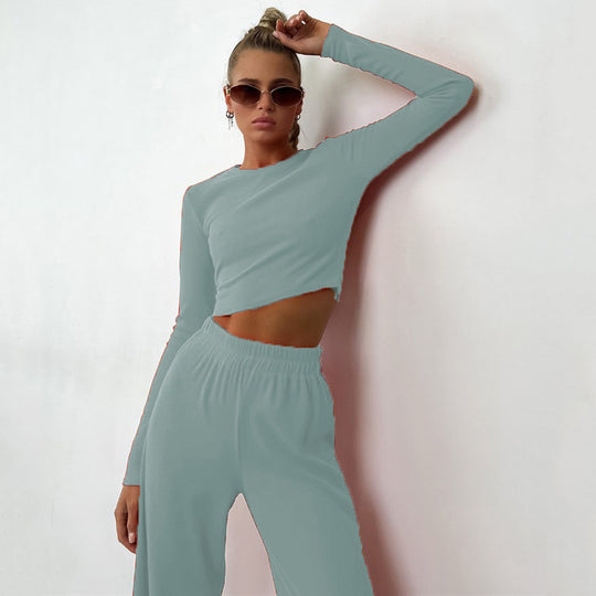 Damen nan eng anliegendes geripptes Cropped Longsleeve mit elastischer Highwaist-Loungehose Set EB