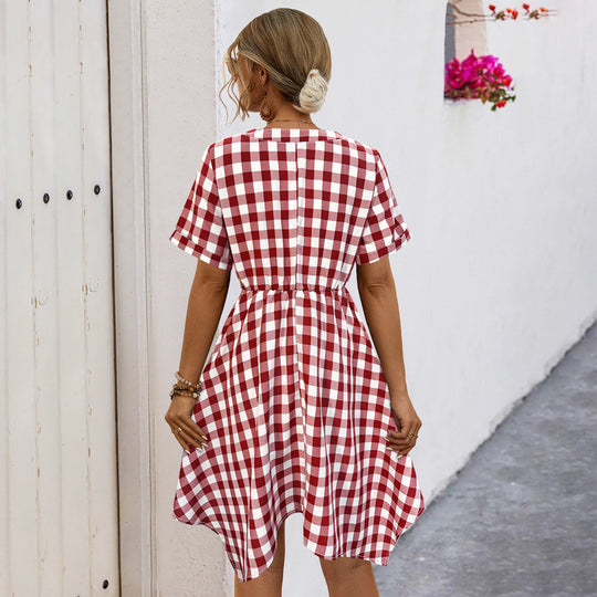Damen Midikleid mit V-Ausschnitt, tailliertem Kordelzug und karierter Optik EB