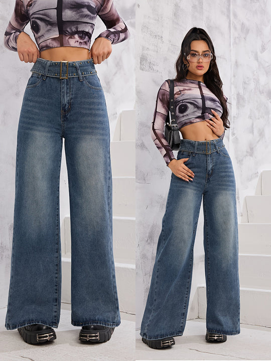 Damen Weite Denim-Hose mit hoch tailliertem Bund und modischen Schnallen EB