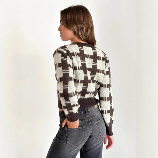 Damen cropped Strickjacke mit modernem Karomuster und knöpfbarem Design EB