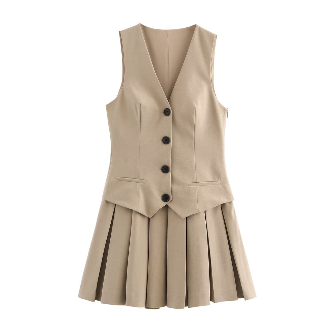 Damen Plissee-Kleid mit tailliertem Oberteil und Knopfleiste EB
