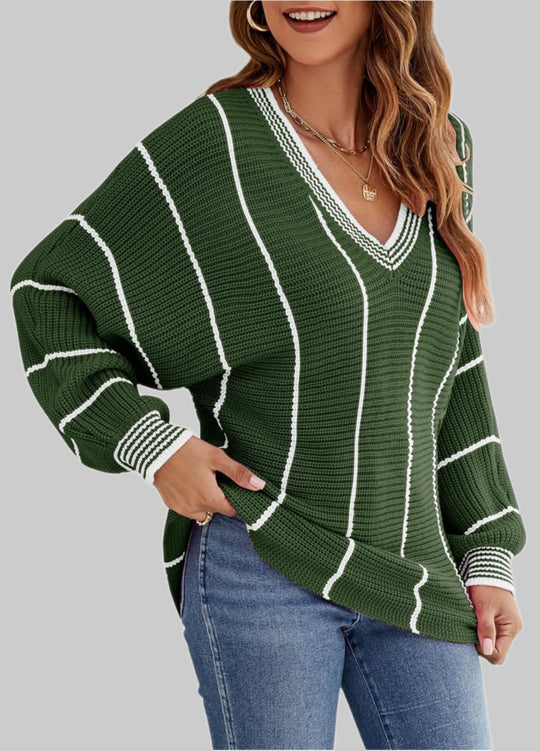 Damen Cropped Strickpullover mit V-Ausschnitt, Waffelstruktur und kontrastierenden Streifen EB