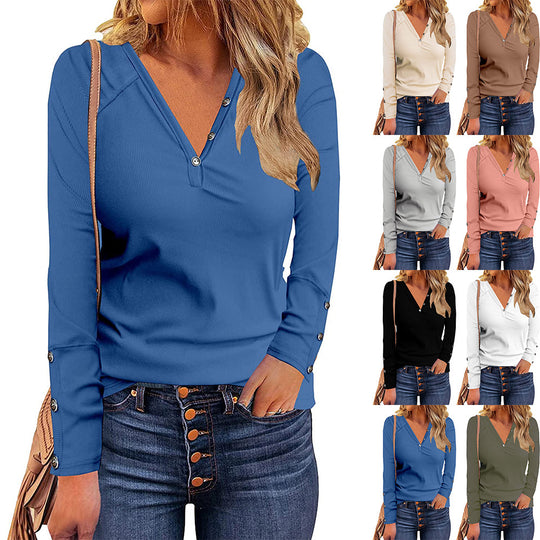 Damen Langarmshirt mit Knopfleiste und dekorativen Ärmelöffnungen EB
